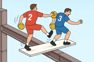 Zwei Handballspieler stehen auf einem schwebenden Brett über Stahlträgern. Der Spieler im roten Trikot tritt den Spieler im blauen Trikot, ohne zu erkennen, dass er selbst ebenfalls fallen wird. Symbolbild für unüberlegte Handlungen mit Konsequenzen.