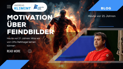 Visualisierung von Motivation über Feindbilder: Andreas Klement neben einem brennenden Handballspieler, inspiriert von Otto Rehhagel