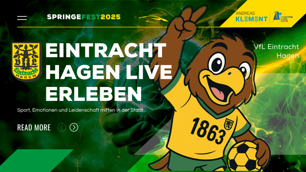 Eintracht Hagen Maskottchen mit Handball vor grünem Hintergrund – Ankündigung zur Teamvorstellung mit Moderator Andreas Klement beim Springefest 2025