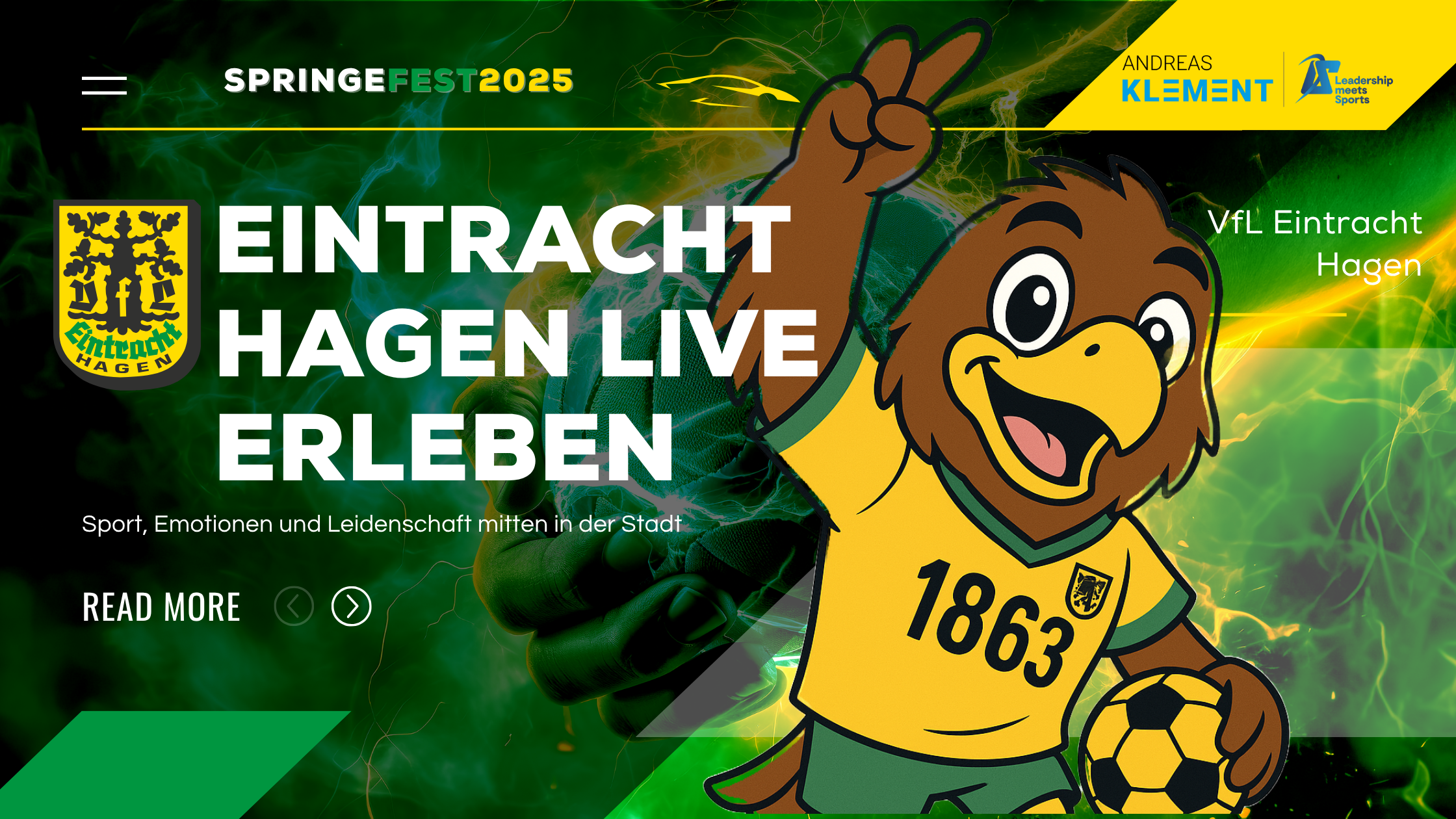 Eintracht Hagen Maskottchen mit Handball vor grünem Hintergrund – Ankündigung zur Teamvorstellung mit Moderator Andreas Klement beim Springefest 2025