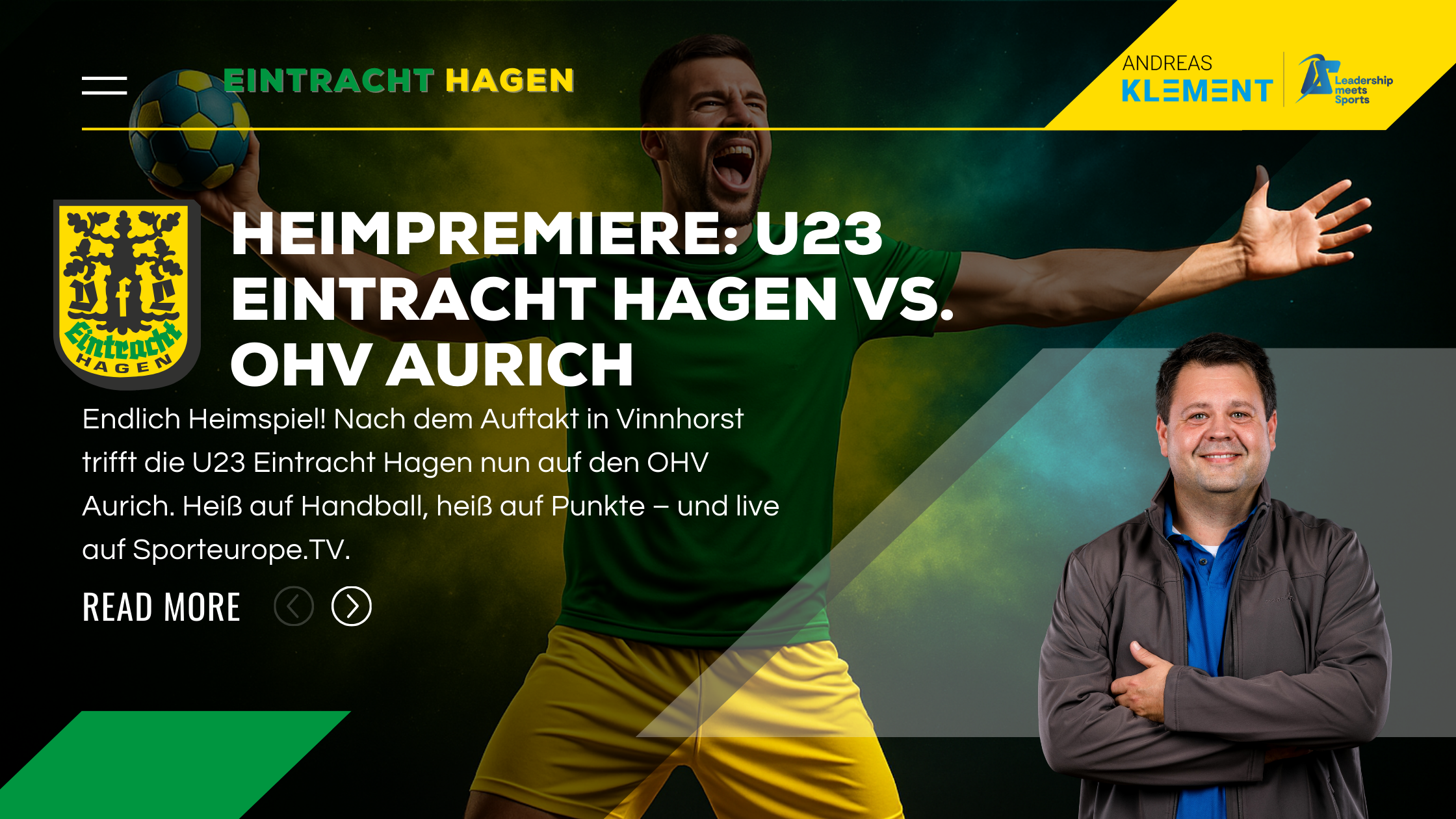 U23 Eintracht Hagen vs. OHV Aurich – erstes Heimspiel in der 3. Liga Nord-West, Titelbild mit Andreas Klement, Eintracht Hagen Logo und Livestream-Hinweis.